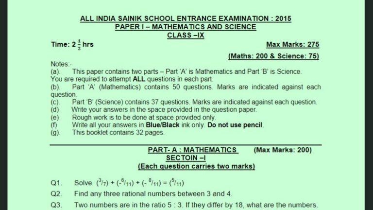 Class 9 Sainik School 2015 Previous Year Paper