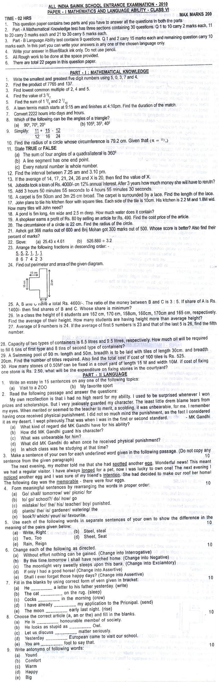 Class 6 Sainik School 2010 Previous Year Paper