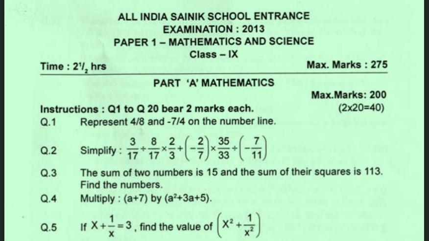 Class 9 Sainik School 2013 Previous Year Paper