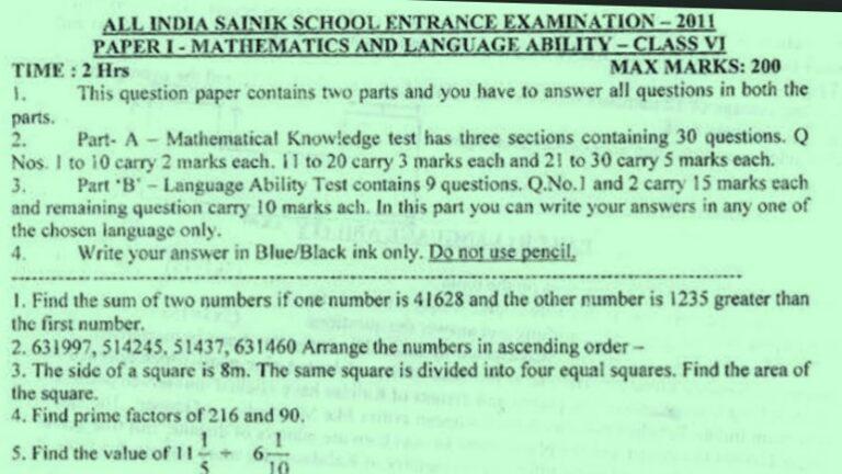 Class 6 Sainik School 2011 Previous Year Paper