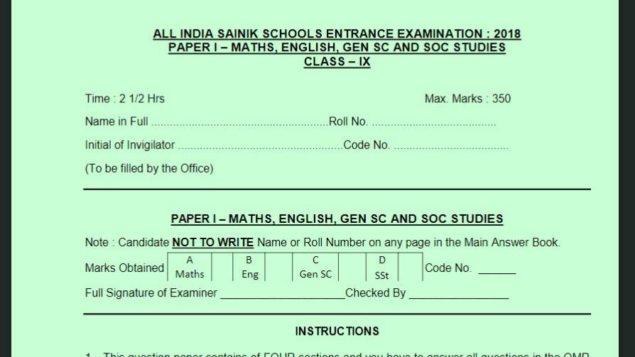 Class 9 Sainik School 2018 Previous Year Paper