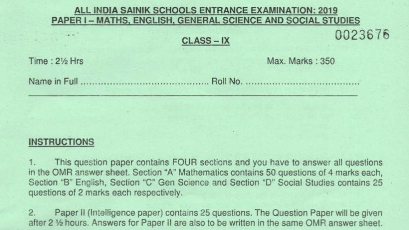 Class 9 Sainik School 2019 Previous Year Paper