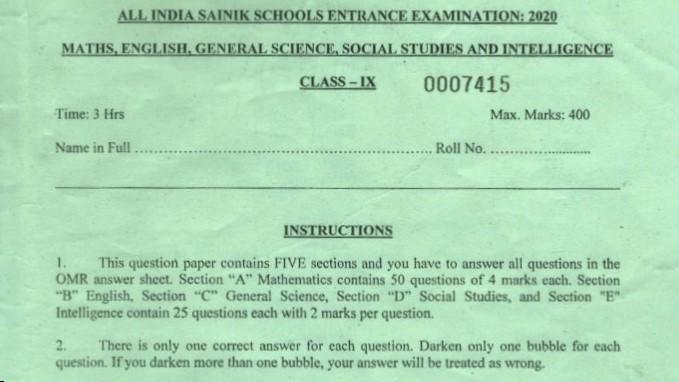Class 9 Sainik School 2020 Previous Year Paper