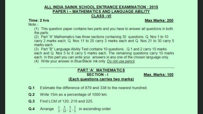 Class 6 Sainik School 2015 Previous Year Paper